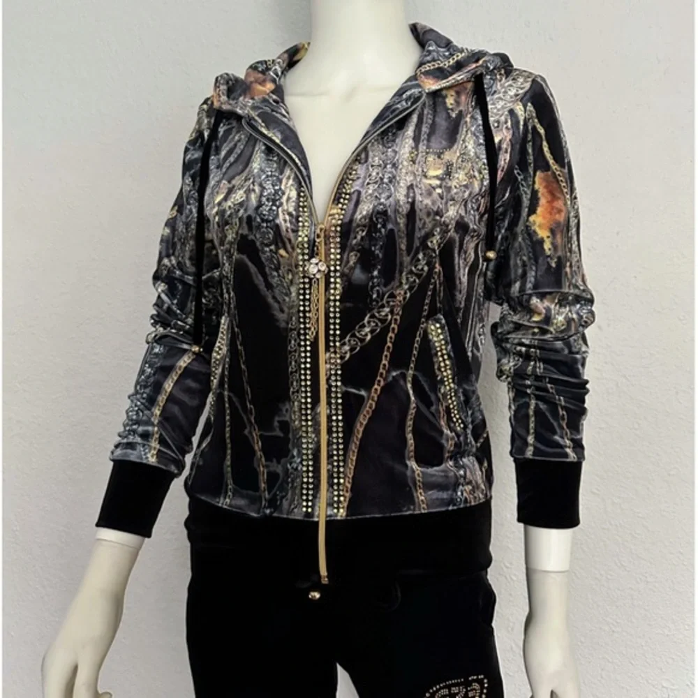NWT WOMEN VELOUR TRACKSUIT 2 PC SET JACKET/BLACK‎ PANTS HOODED ZIPPED LOUNGEWEAR